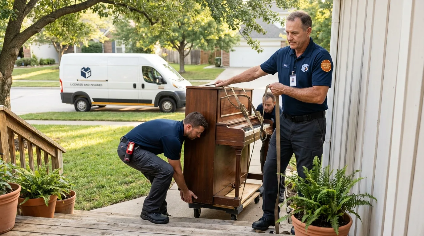 Licensed piano movers securing grand piano in Oyster Bay, NY