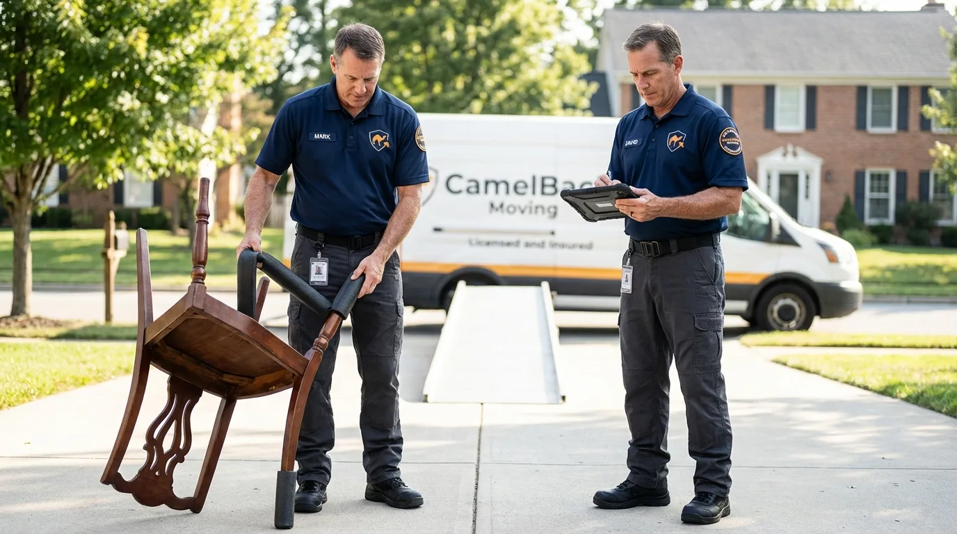 Movers inspecting furniture for damage prevention before loading in Oyster Bay, NY