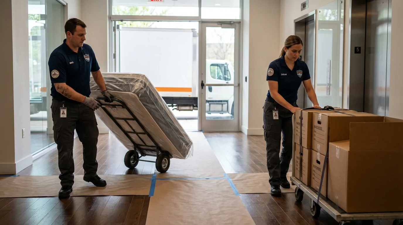 Professional apartment movers loading elevator in Oyster Bay, NY