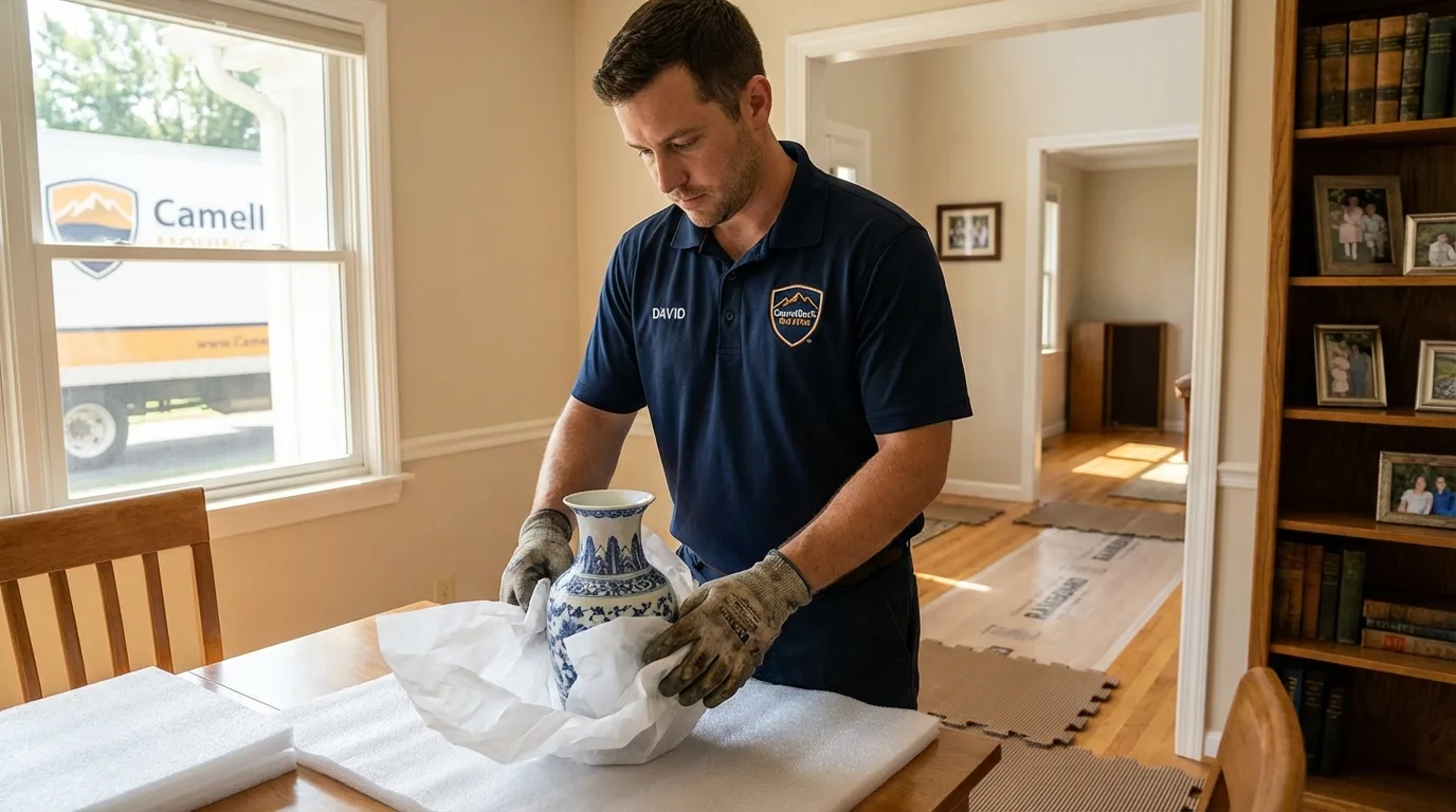 Professional crew carefully wrapping antique vase for senior downsizing move in Oyster Bay, NY