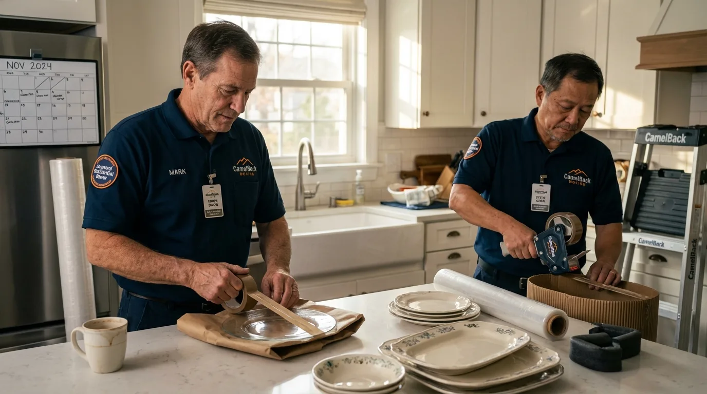 Professional crew packing kitchen dishware in Oyster Bay, NY